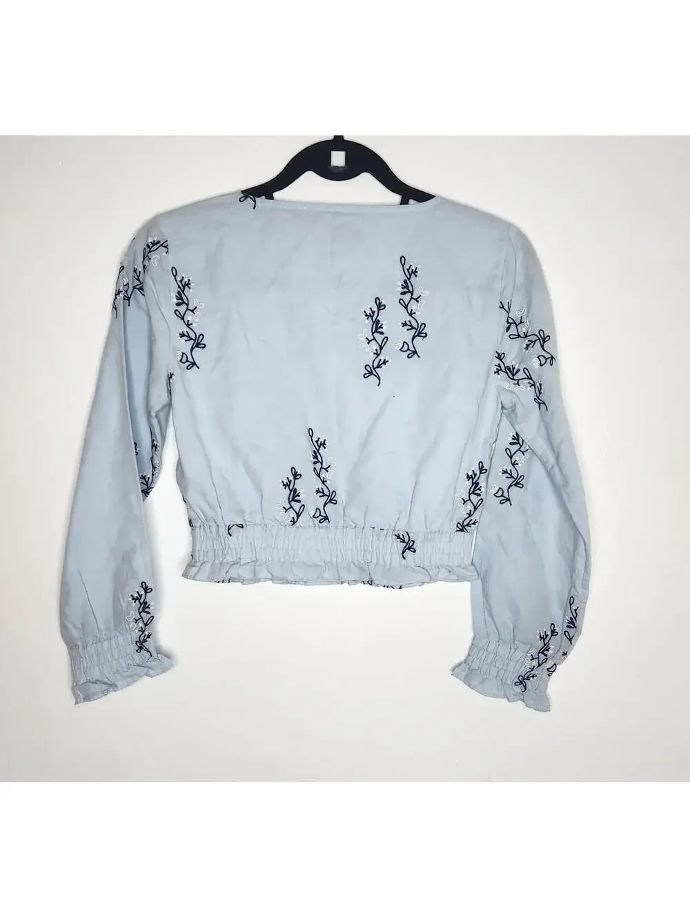 Something Navy Shirt Womens XS Blue Linen Cotton Embroidered Crop Blouse Top